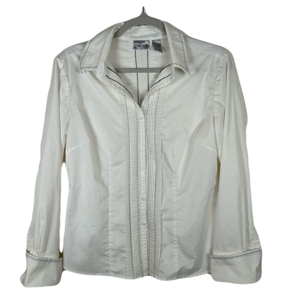 Chico’s Women’s Sz 4 preppy white black stitching blouse Office Basic Capsule